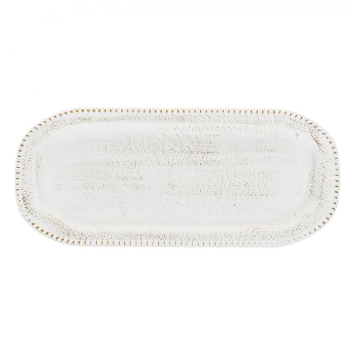 Platou Decorativ, Oval, Lemn, Dots Reliefate, Alb Brushed Auriu, 35x15cm