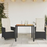 Gossi set bistro cu perne, 3 piese, negru, poliratan si acacia