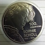 (A97) MONEDA DIN ARGINT GERMANIA - 20 EURO 2021, LIT. D, 100 DE ANI DE LA NASTEREA SOPHIEI SCHOLL, STARE PROOF