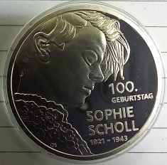 (A97) MONEDA DIN ARGINT GERMANIA - 20 EURO 2021, LIT. D, 100 DE ANI DE LA NASTEREA SOPHIEI SCHOLL, STARE PROOF