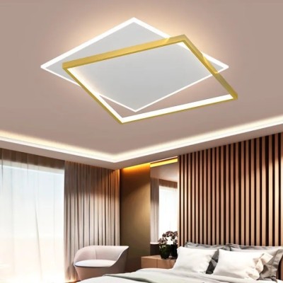 Lustra LED cu telecomanda SOLARA 98W, 2 Patrate, lumina Rece/Calda/Neutra, Dimabila, Auriu Alb foto