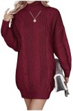 Rochie tricotată cu guler &icirc;nalt oversize pentru femei, cu m&acirc;neci lungi și model &icirc;n cable, mini, burgund L