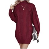 Rochie tricotată cu guler &icirc;nalt oversize pentru femei, cu m&acirc;neci lungi și model &icirc;n cable, mini, burgund L