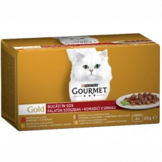 Purina Gourmet Gold, hrana umeda pentru pisici, vita, pui, somon, curcan si rata, 4 x 85 g