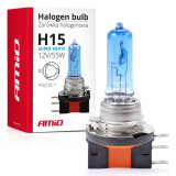 Bec halogen H15 12V 55W Super White AMiO, soclu PGJ23t-1, pentru iluminare fata auto, compatibila Audi BMW Fiat Ford Jaguar Land Rover Mazda