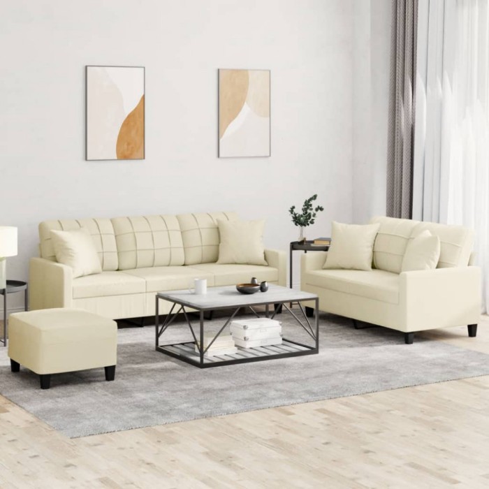 Set de canapele cu perne, 3 piese, crem, piele ecologică