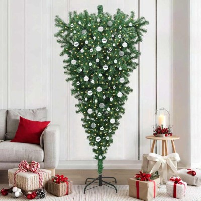 vidaXL Brad de Crăciun artificial pre-iluminat cu globuri, cu design cu susul &amp;icirc;n jos 3396878 foto