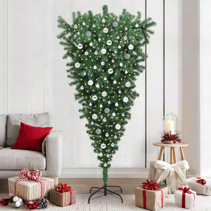 vidaXL Brad de Crăciun artificial pre-iluminat cu globuri, cu design cu susul &icirc;n jos 3396878