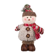 Decoratiune tema sarbatori de iarna, figurina Om de zapada care sta in picioare, cu pulover din lana, incaltaminte, fes cu ciucure, manusi si fular, 2 foto