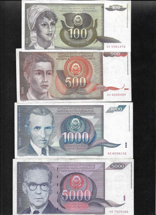 Rar! Set Iugoslavia 100 + 500 + 1000 + 5000 dinari dinara 1991! F-VF-XF