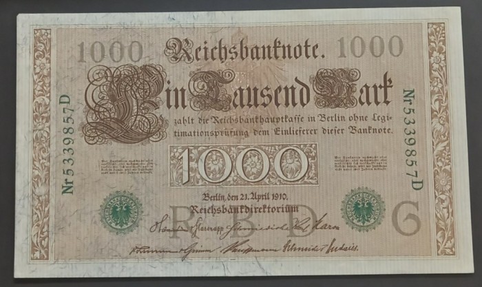 Germania, 1.000 Mark 1910, serie verde.