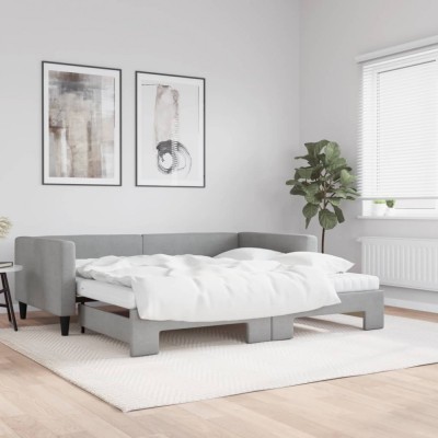 vidaXL Pat de zi cu extensie și saltele, gri deschis 100x200 cm textil 3196601 foto