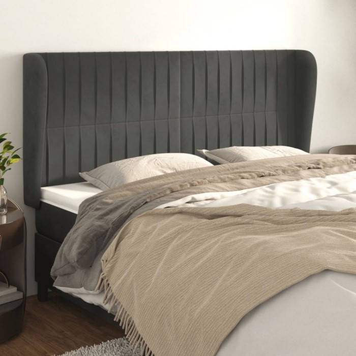 vidaXL Tăblie de pat cu aripioare gri &icirc;nchis 163x23x118/128 cm catifea 3118249