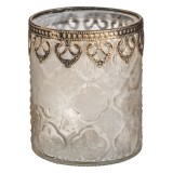 Suport Lumanare, Model Romburi, Margine Metalizata, Sticla Frosty, Diametru 9x12cm, Transparent și Bronz