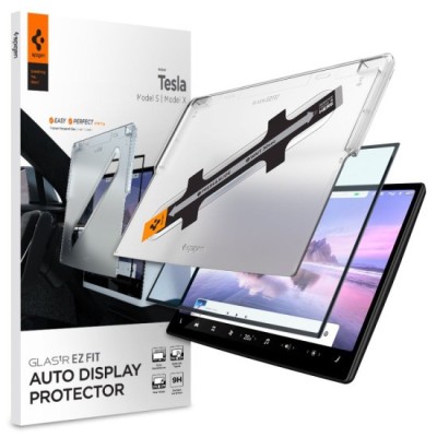 Folie pentru Display Auto Tesla Model X 2022 / Model S 2021 - Spigen Glas.tR EZ-FIT- Black foto