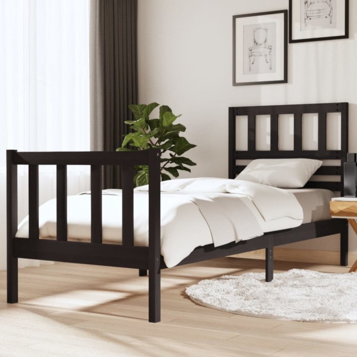 Gossi cadru de pat mic single, negru, 75x190 cm, lemn masiv