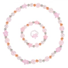Set Bijuterii Copii, Colier-Brățară-Inel, Stele și Mărgele, Roz Multicolor, 3 Bucăți
