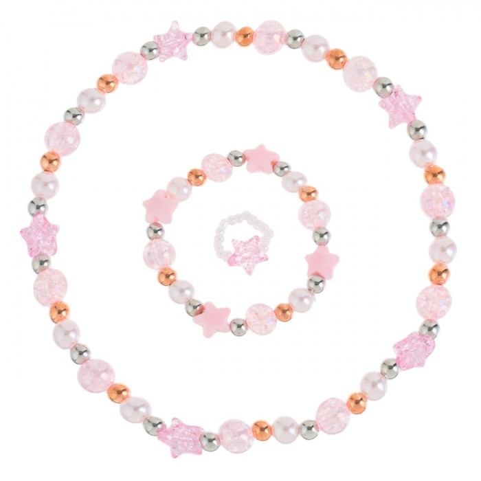 Set Bijuterii Copii, Colier-Brățară-Inel, Stele și Mărgele, Roz Multicolor, 3 Bucăți