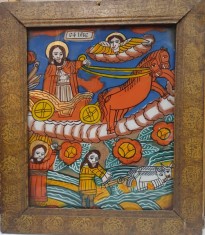 ICOANA PE GLAJA &#039;&#039; RIDICAREA LA CER A SFANTULUI PROOROC ILIE TESVITEANUL &#039;&#039; , ATELIER SCHEII BRASOVULUI , SFARSIT DE SECOL XIX