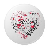 Cumpara ieftin Insigna rotunda mesaj LOVE multilingv, 58 mm, model in forma de inima, fundal alb, ac metalic