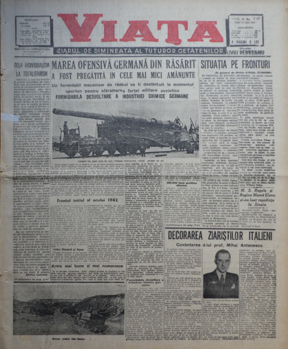 Viata, ziarul de dimineata; dir, : Rebreanu, 12 Iunie 1942, frontul din rasarit