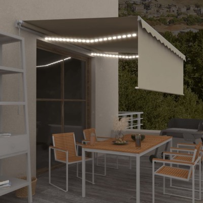 vidaXL Copertină retractabilă manual cu stor &amp;amp; LED, crem, 4x3 m foto