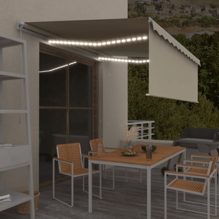 vidaXL Copertină retractabilă manual cu stor &amp; LED, crem, 4x3 m
