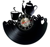 Ceas de perete decorativ realizat din disc de vinil, Model Ceainarie Cafenea Ceasca Ceainic, Negru, 30 cm