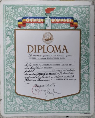 Diploma arte plastice grafica Autograf Vasile Parizescu 1986 C&amp;acirc;ntarea Rom&amp;acirc;niei comunism foto