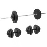 Set Haltere si Gantere vidaXL 60kg, Otel Cromat, Discuri Ciment Acoperite Plastic, Antrenament Multifunctional, Negru