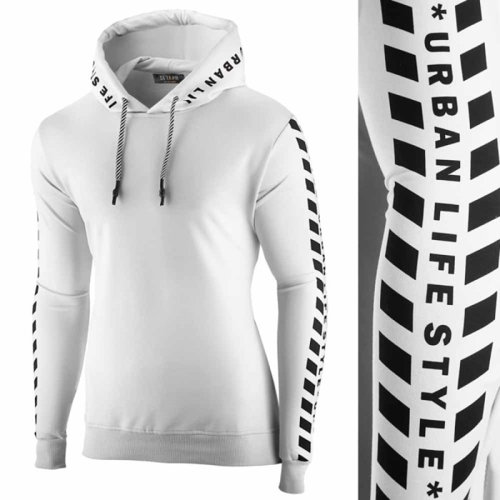 Hanorac pentru barbati alb cu gluga siret sport urban Hanorac pentru barbati alb cu gluga siret sport urban