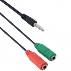 Adaptor Cablu audio Jack 3.5mm 4 pini Tata ( telefon) la 2 x 3.5mm 3 pin Mama (microfon + casti/ boxe) Detech - 20cm, negru foto