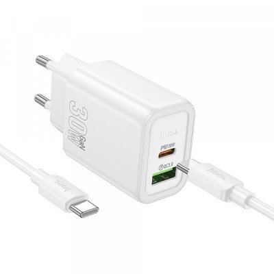 Incarcator Retea Cu Cablu USB-C HOCO N63, 30W, 3A, 1 x USB-A - 1 x USB-C, Alb foto