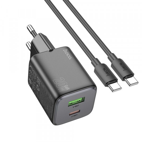 Incarcator Retea Cu Cablu USB-C HOCO N41, 20W, 3A, 1 x USB-A - 1 x USB-C, Negru