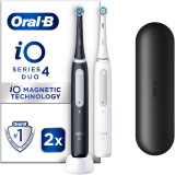 Set 2 x Periuta de dinti electrica Oral-B iO4 cu Tehnologie Magnetica si Micro-Vibratii, Senzor de presiune Smart, 4 moduri, 2 capete, Trusa de calato