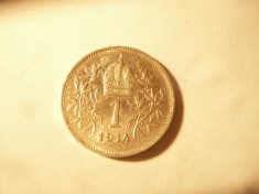 Moneda 1 kor. 1914 Austria Fr.Josef ,argint ,cal.F.Buna ,luciu de batere foto