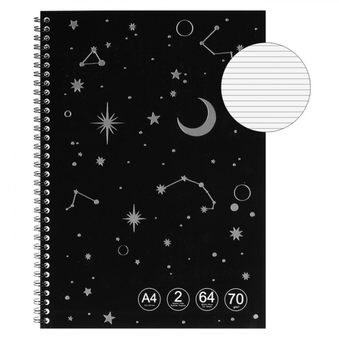 Caiet Dictando, Model Zodiac, Negru, Dimensiune A4, 2 Subiecte, Legare Spirală, Copertă Moale, 64 File