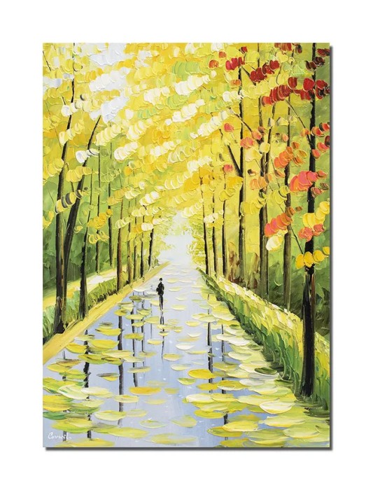 Tablou peisaj alee in parc pictat manual, Pe drumul meu, 70x50cm ulei in cutit efect 3D, Spectaculos