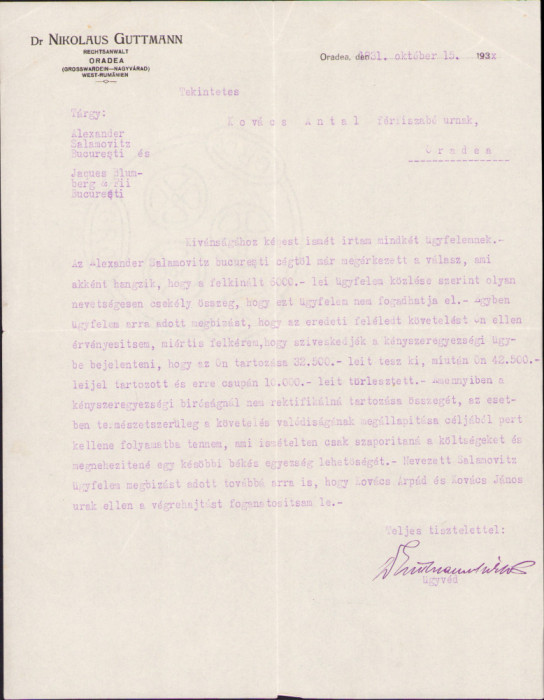 HST A1243 Act antet avocat evreu Nikolaus Guttmann 1931 Oradea