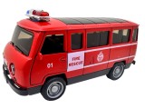 Macheta UAZ pompieri rosie metalica cu sunete, lumini, deschide usile 1/36