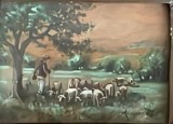 Tablou interbelic romanesc, ulei pe carton subtire, Kusovski, semnat dreapta jos, rama de epoca, 26x23 / 13 x 10, tema pastorala, traditie romaneasca