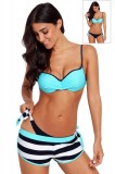 Costum de baie dama 3 piese: sutien bandeau, chilot, sort albastru/negru. Bretele reglabile, snur lateral, elastic in talie, model dungi. S, XL