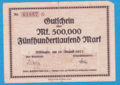 (1) BANCNOTA (GROSSNOTGELD) GERMANIA - DILLINGEN - 500.000 MARK 1923 (16 AUG.) foto