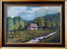 Tablou - pictor rom&acirc;n, peisaj cu casă, semnat (Steurer?)