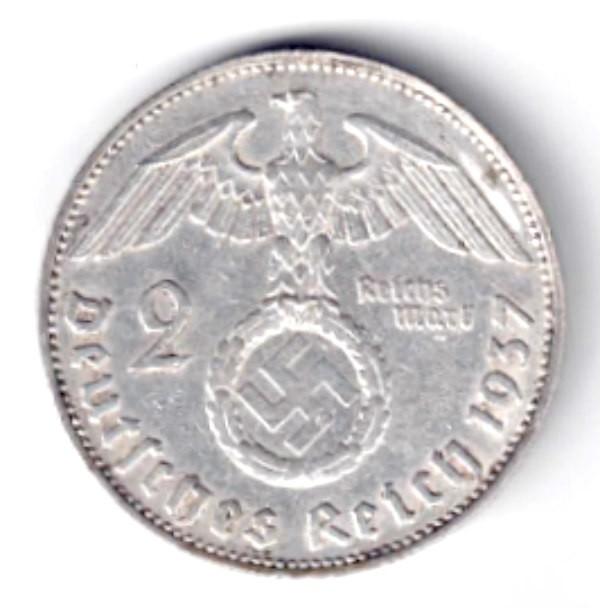 GERMANIA 2 REICHS MARK 1937 J HINDEMBURG ARGINT XF