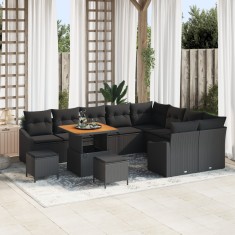 Set canapea gradina Gossi 12 piese perne negru poliratan acacia, set dining gradina Gossi 3 piese perne negru poliratan acacia, canapea gradina 2 pers