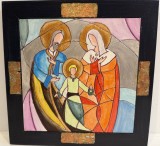 Icoana moderna- Sfanta familie-unicat, elemente foita aur, rama lemn