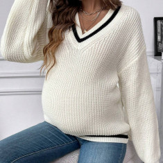 Pulover din tricot, cu maneca lunga si decolteu, Maternity, alb, dama, Shein