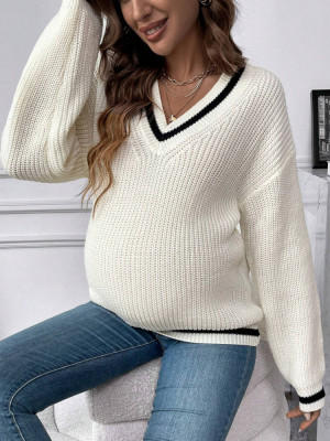 Pulover din tricot, cu maneca lunga si decolteu, Maternity, alb, dama, Shein foto