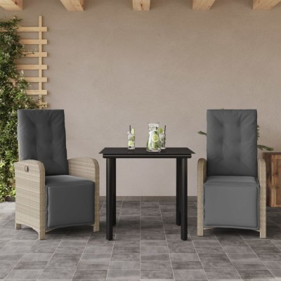 vidaXL Set bistro cu perne, 3 piese, gri deschis, poliratan 3212605 foto